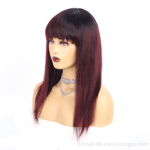 Wholesale Ombre 1b/99j Color Raw Brazilian Virgin Hair Silky Straight Wig Cuticle Aligned Brazilian Human Hair Wigs with bangs